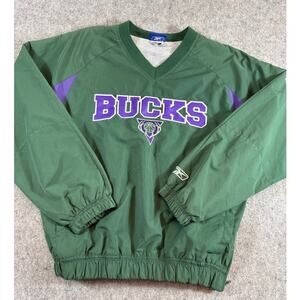 VINTAGE Reebok Milwaukee Bucks Jacket Youth Green Pullover NBA Sportswear Large